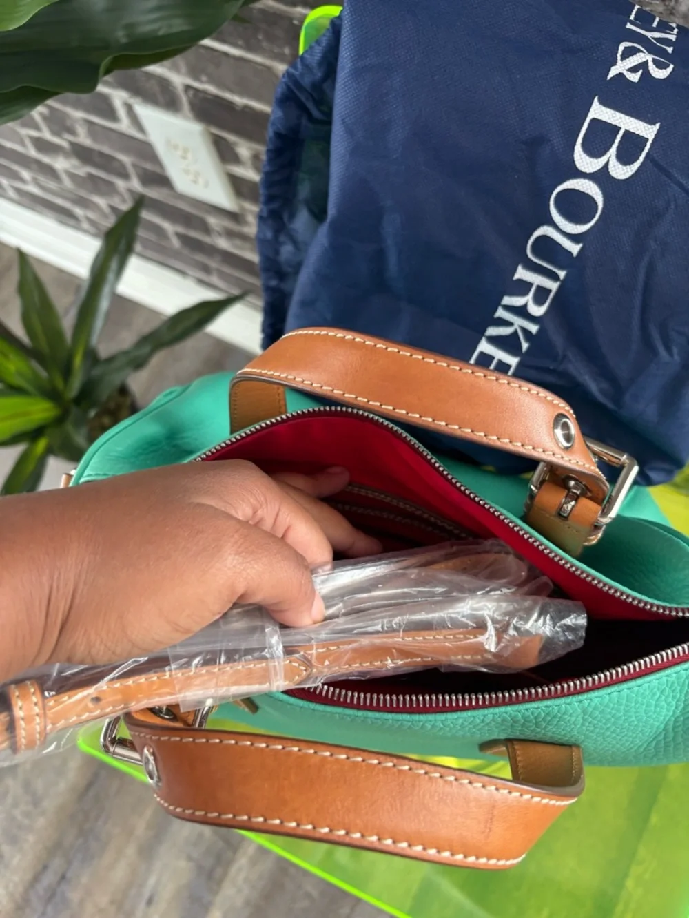Dooney & Bourke Turquoise Pebble Leather Satchel with Brown Trim
